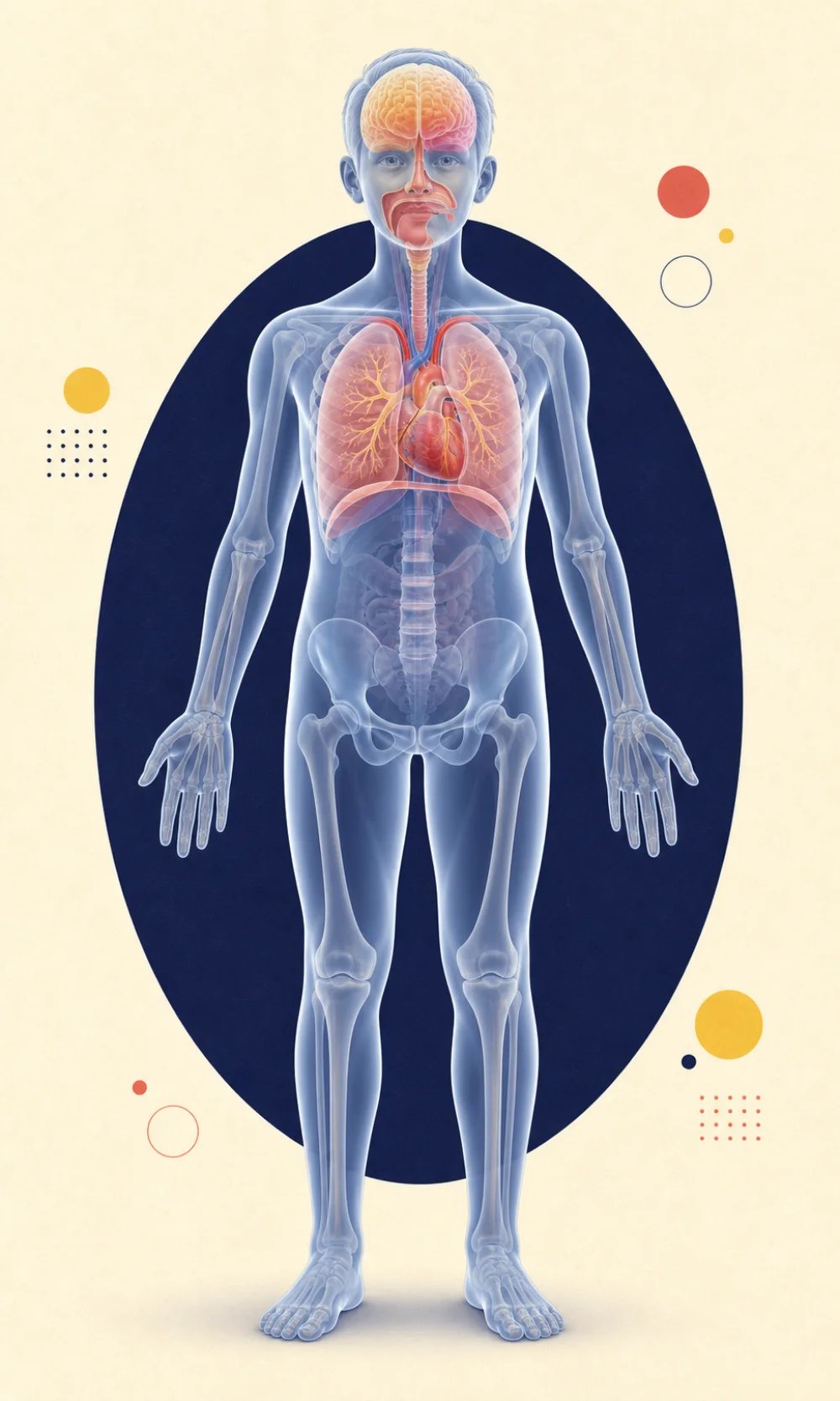 Visualización anatómica educativa del cerebro, vías respiratorias, pulmones y corazón