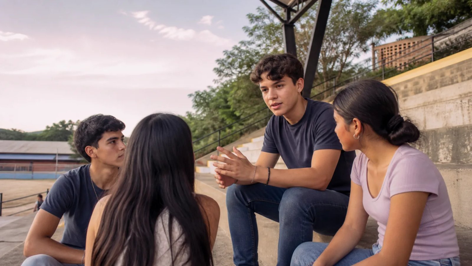 Grupo de estudiantes conversando junto a unas graderías